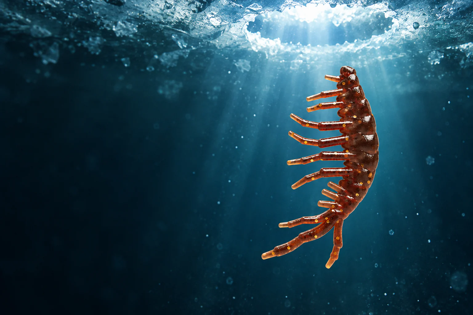 Силиконовая приманка Gammarus под прозрачным слоем зимнего льда