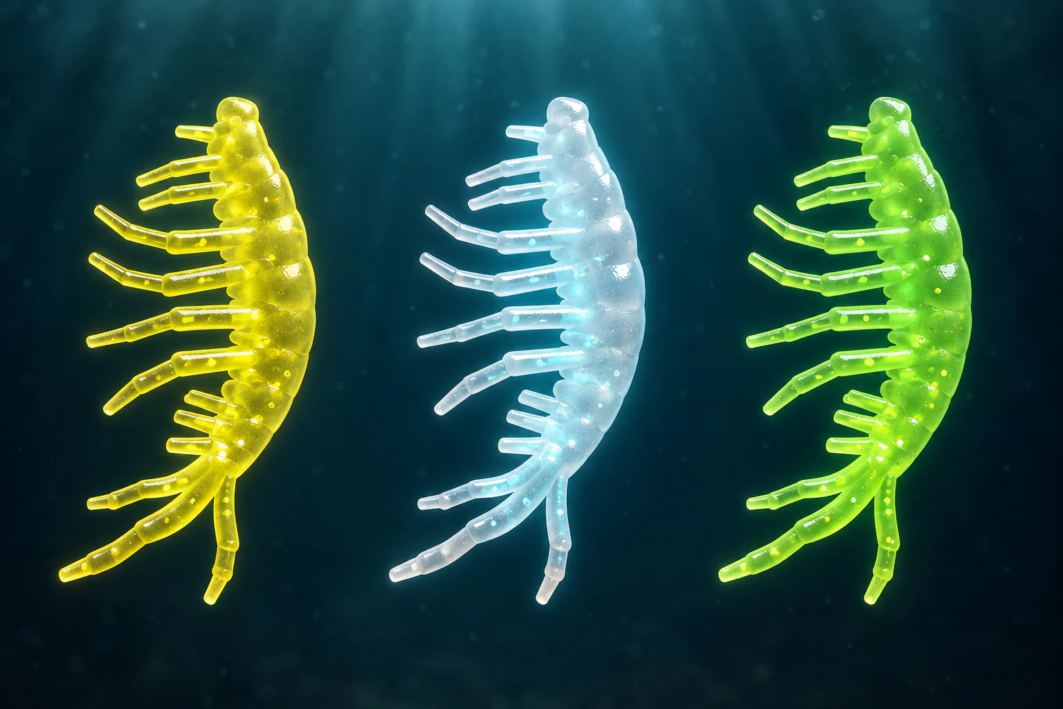 Светонакопительные расцветки Gammarus 009, 011 и 012 в тёмной воде