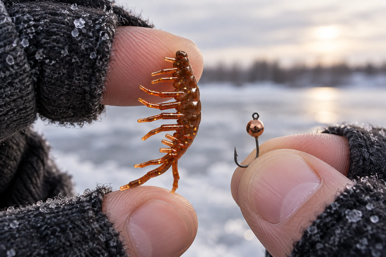 Приманка Gammarus длиной 20 миллиметров рядом с мормышкой и пальцами рыболова